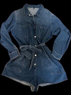 Express Denim Romper XL Belted Utility Dark Wash Cotton- Like New